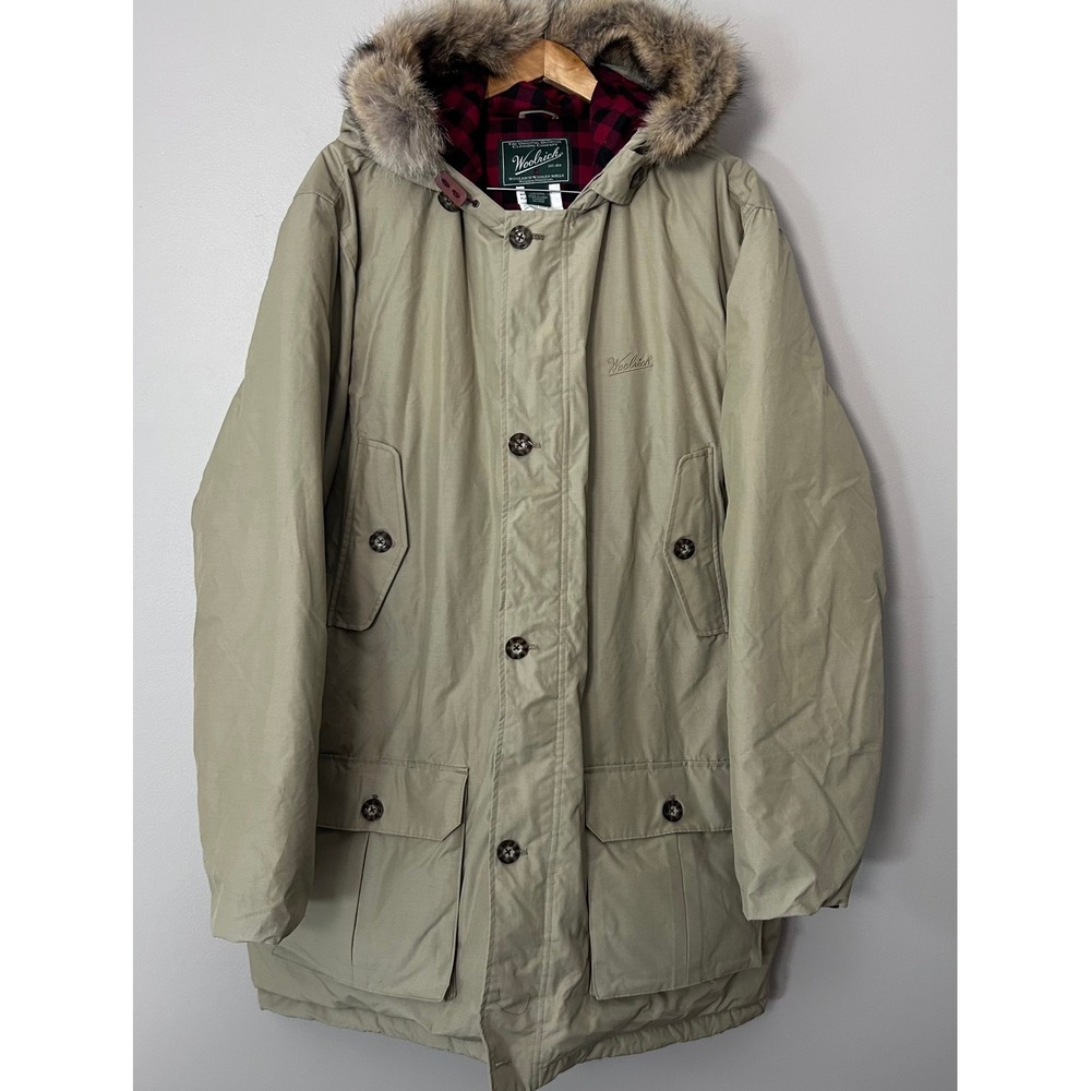 Woolrich Arctic Down Parka Mens 2XL Tan Coyote Fur Hood Buffalo Plaid Jacket